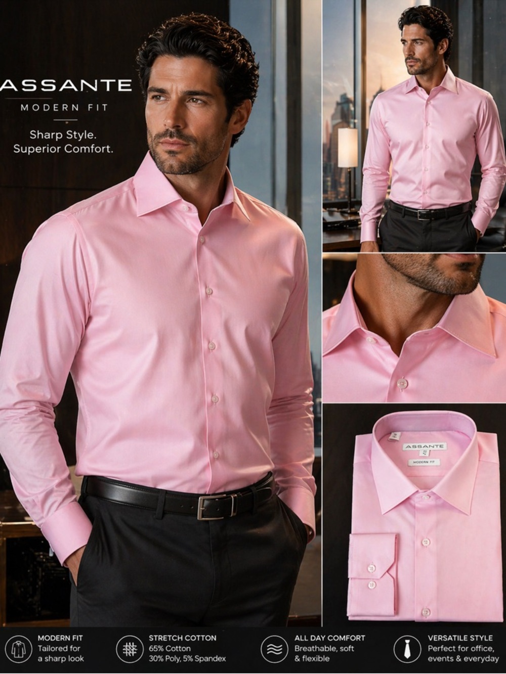 Assante Pink Dress Shirt Men Size 22 4/5 Modern Fit Stretch Cotton Button Down